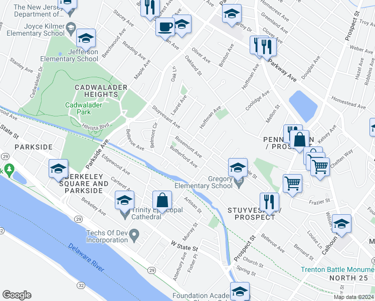 map of restaurants, bars, coffee shops, grocery stores, and more near 195 Rosemont Avenue in Trenton