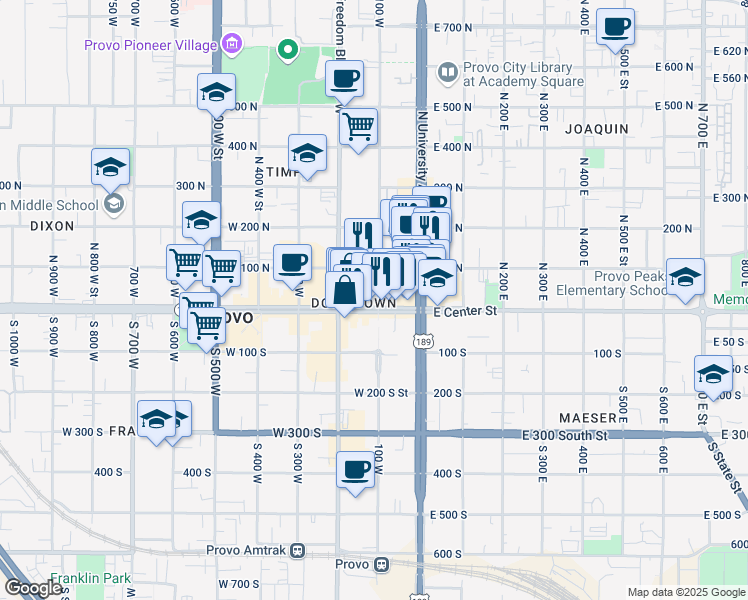 map of restaurants, bars, coffee shops, grocery stores, and more near 104 West Center Street in Provo