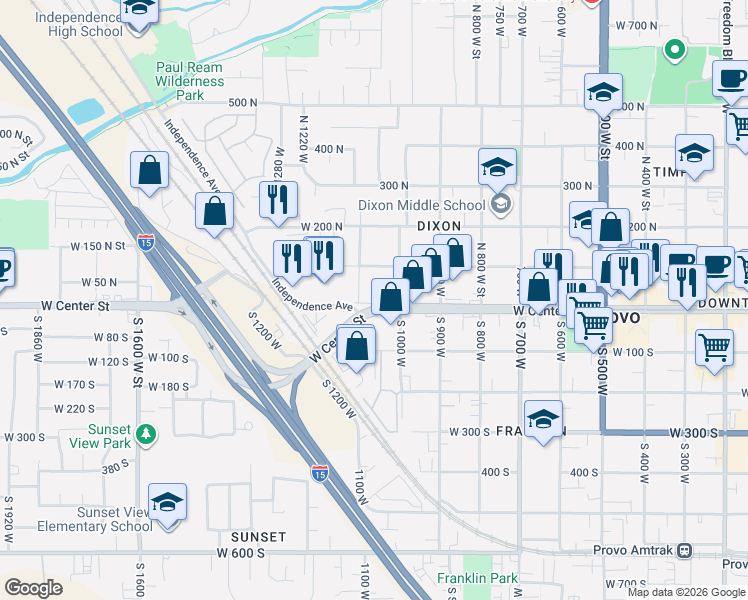 map of restaurants, bars, coffee shops, grocery stores, and more near 1070 West Center Street in Provo