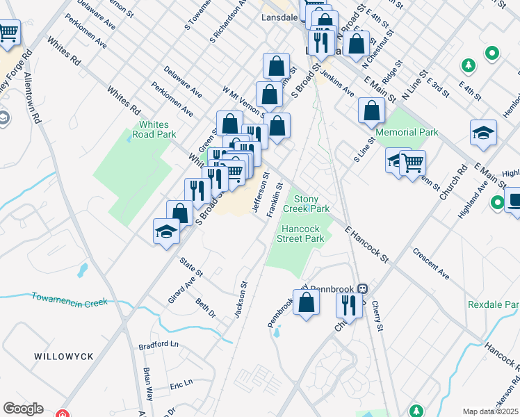 map of restaurants, bars, coffee shops, grocery stores, and more near 461 Jefferson Street in Lansdale
