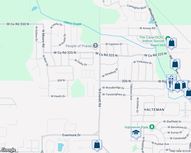 map of restaurants, bars, coffee shops, grocery stores, and more near 4909 North Everett Road in Muncie