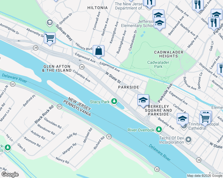 map of restaurants, bars, coffee shops, grocery stores, and more near 23 Newell Avenue in Trenton