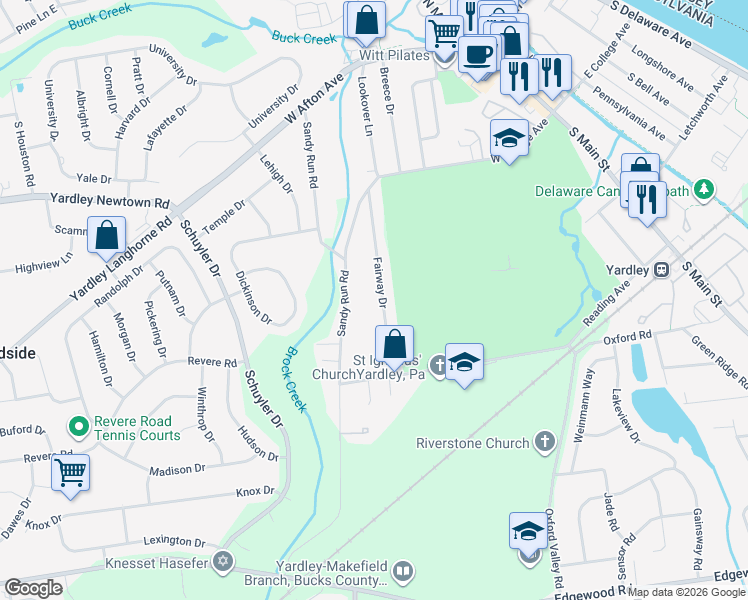 map of restaurants, bars, coffee shops, grocery stores, and more near 924 Sandy Run Road in Yardley