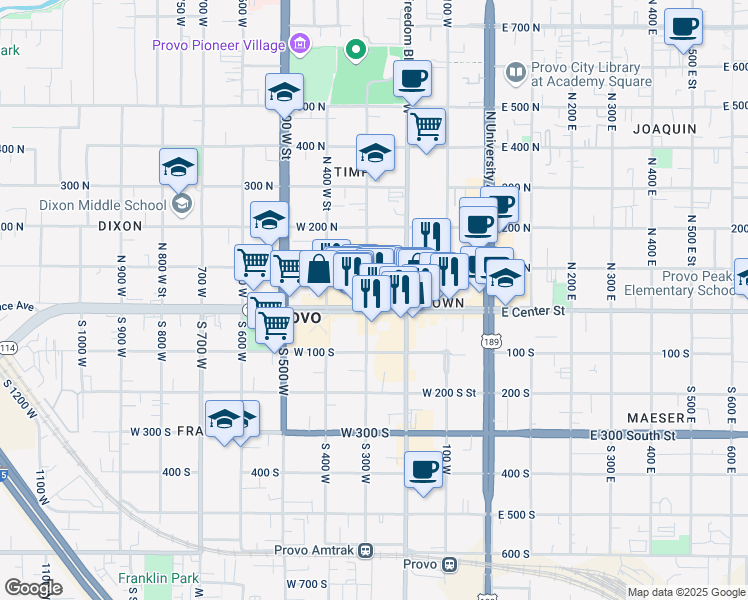 map of restaurants, bars, coffee shops, grocery stores, and more near 250 West Center Street in Provo