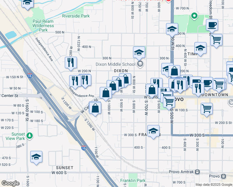 map of restaurants, bars, coffee shops, grocery stores, and more near 929 West 100 South in Provo