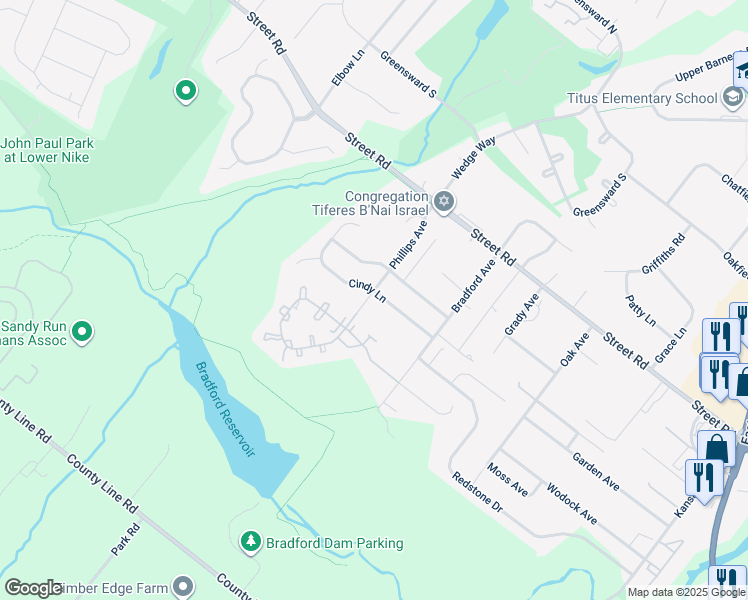 map of restaurants, bars, coffee shops, grocery stores, and more near 2412 Cindy Lane in Warrington