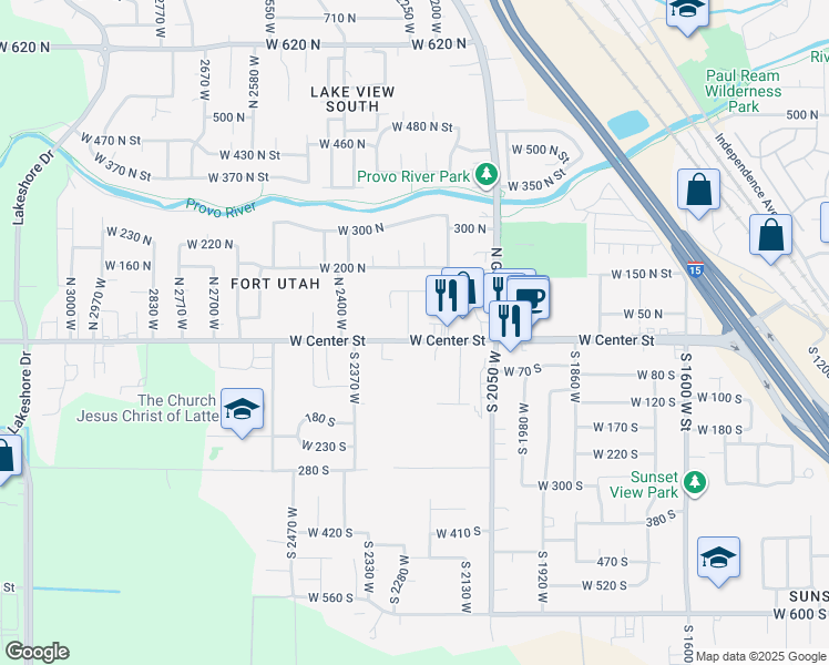 map of restaurants, bars, coffee shops, grocery stores, and more near 22 North 2250 West in Provo