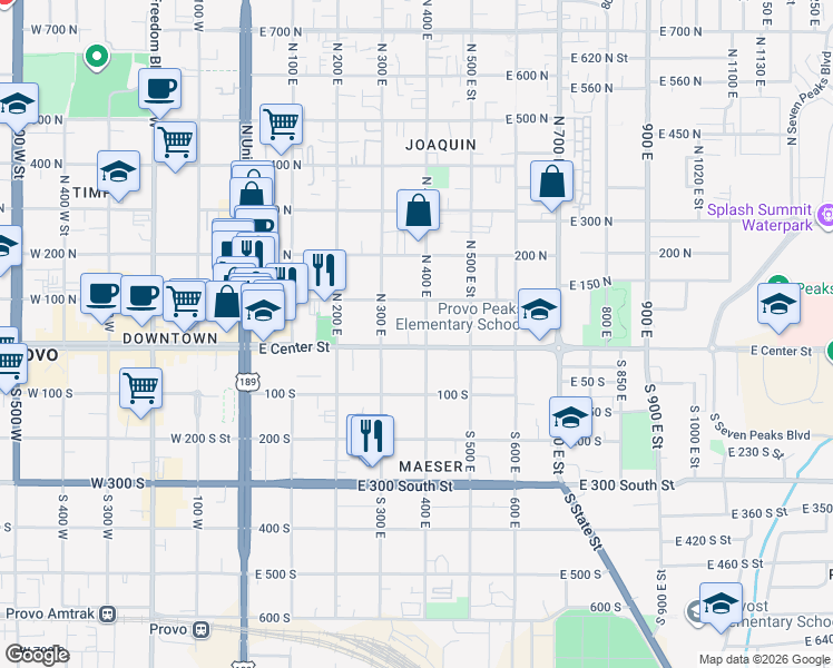 map of restaurants, bars, coffee shops, grocery stores, and more near 356 100 North in Provo
