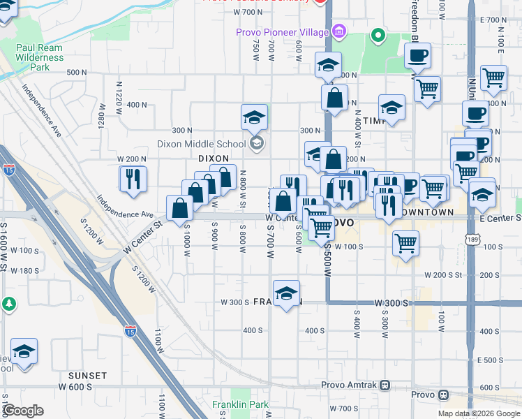 map of restaurants, bars, coffee shops, grocery stores, and more near 745 West 100 South in Provo