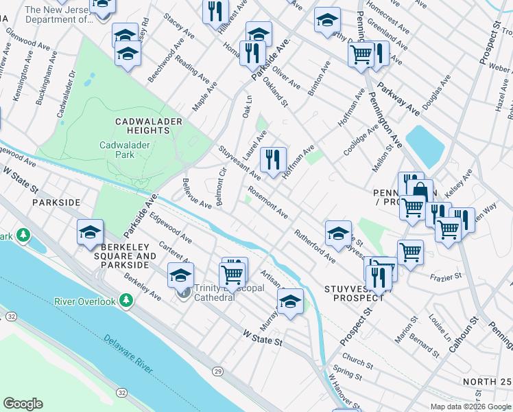 map of restaurants, bars, coffee shops, grocery stores, and more near 215 Rosemont Avenue in Trenton