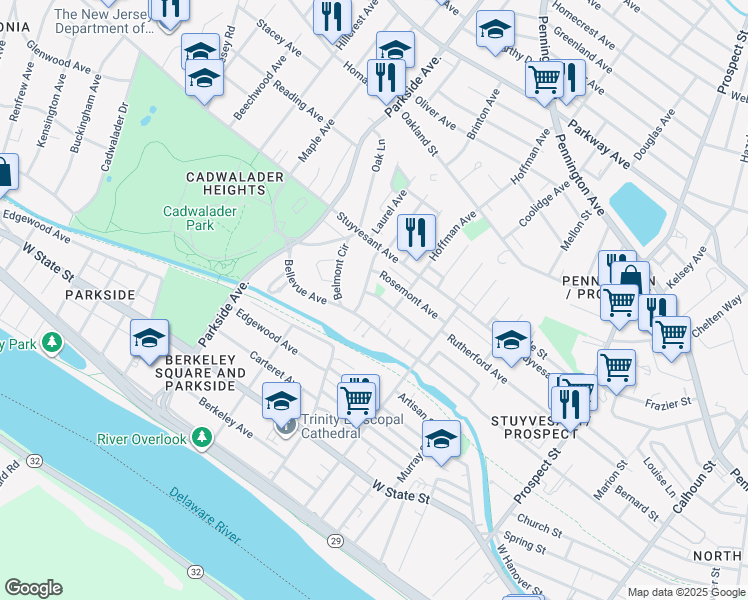 map of restaurants, bars, coffee shops, grocery stores, and more near 33 Elmhurst Avenue in Trenton