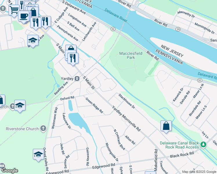 map of restaurants, bars, coffee shops, grocery stores, and more near 1612 Yardley Commons in Yardley