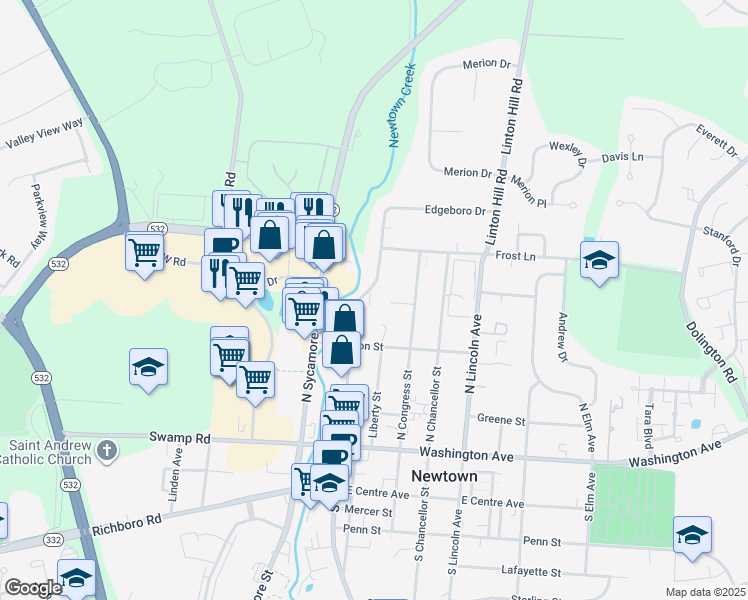 map of restaurants, bars, coffee shops, grocery stores, and more near 300 North State Street in Newtown