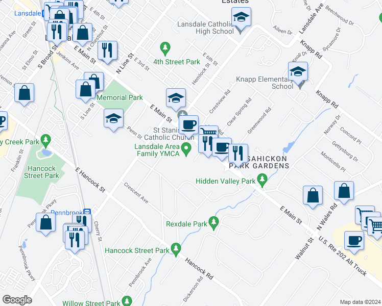 map of restaurants, bars, coffee shops, grocery stores, and more near 606 East Main Street in Lansdale