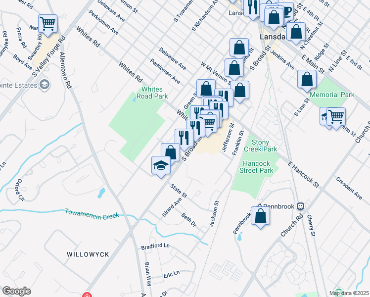 map of restaurants, bars, coffee shops, grocery stores, and more near 612 South Broad Street in Lansdale