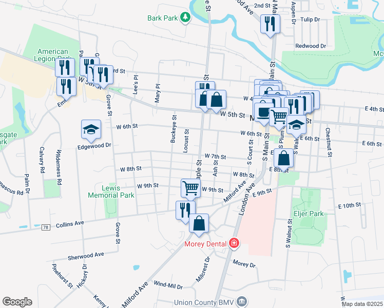 map of restaurants, bars, coffee shops, grocery stores, and more near 239 South Maple Street in Marysville