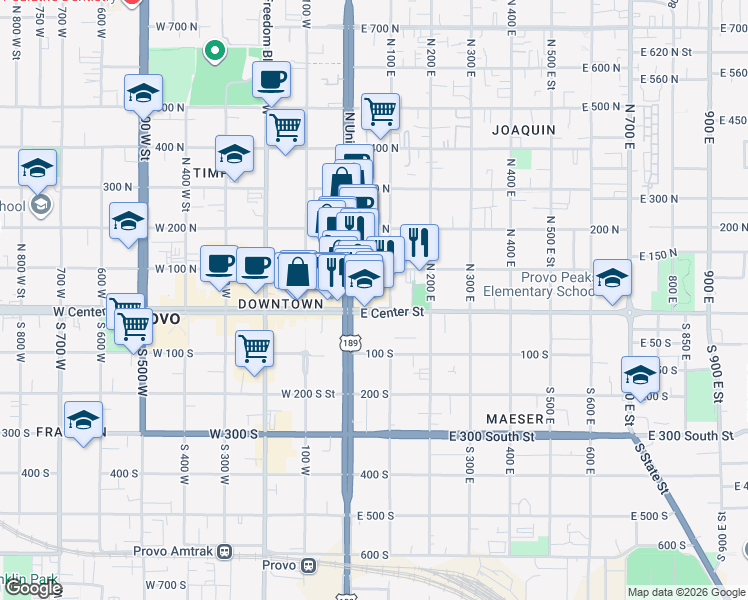 map of restaurants, bars, coffee shops, grocery stores, and more near 63 Center Street in Provo