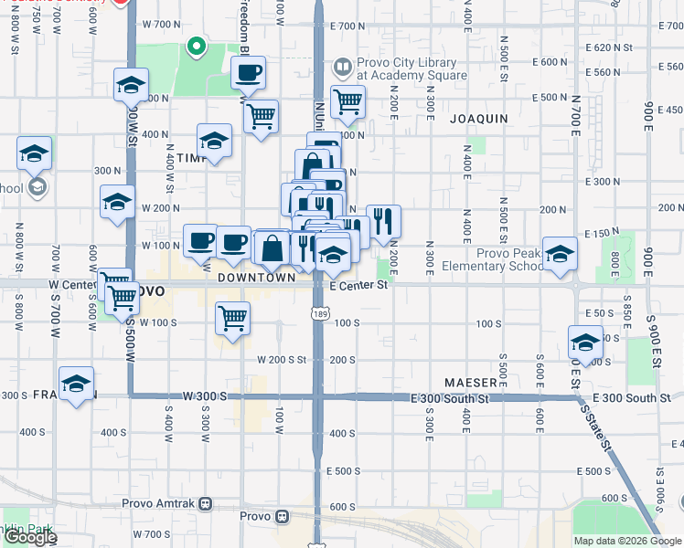 map of restaurants, bars, coffee shops, grocery stores, and more near 61 North 100 East in Provo