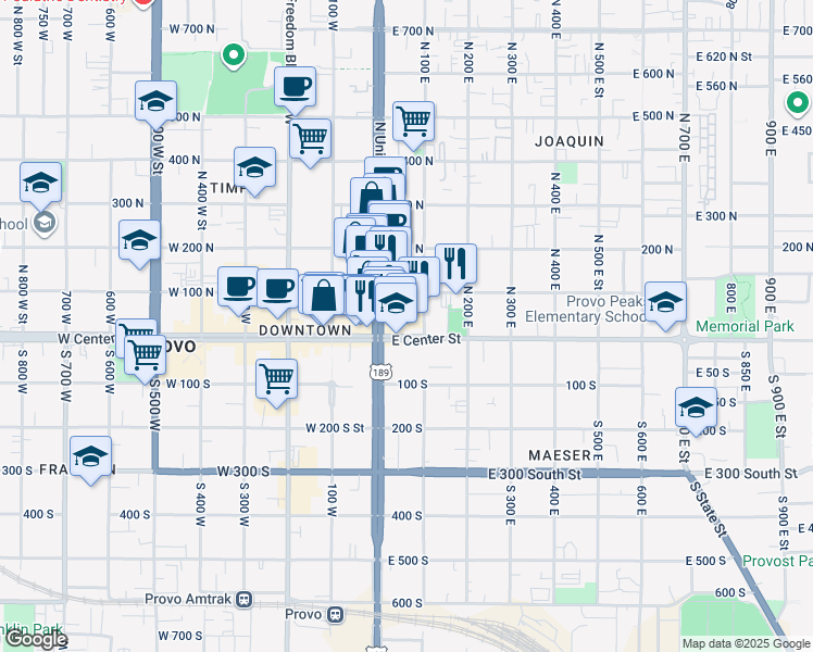 map of restaurants, bars, coffee shops, grocery stores, and more near 63 East Center Street in Provo