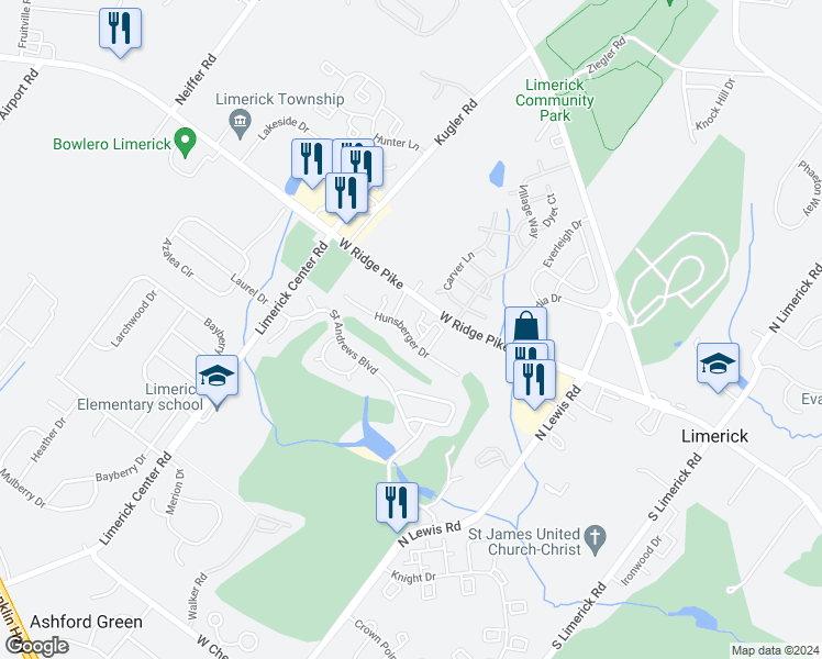 map of restaurants, bars, coffee shops, grocery stores, and more near 1704 Hunsberger Drive in Royersford