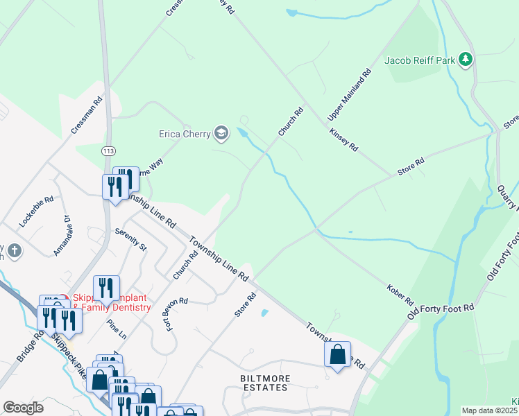 map of restaurants, bars, coffee shops, grocery stores, and more near 844 Church Road in Harleysville