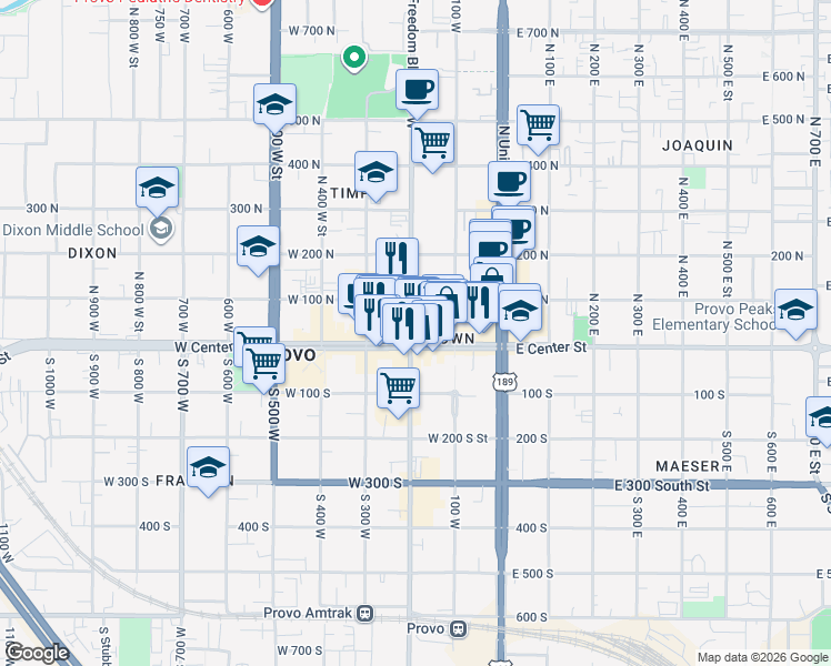 map of restaurants, bars, coffee shops, grocery stores, and more near in Provo