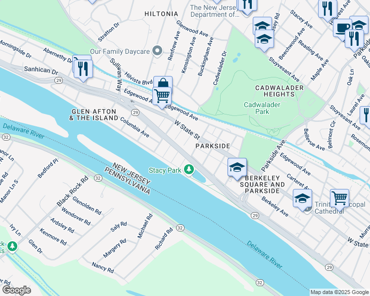 map of restaurants, bars, coffee shops, grocery stores, and more near 30 Newell Avenue in Trenton