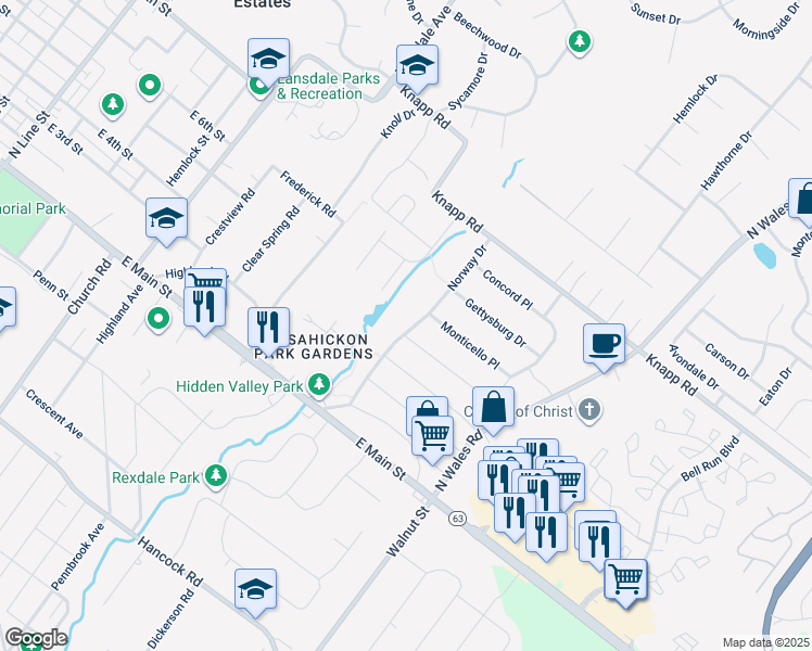 map of restaurants, bars, coffee shops, grocery stores, and more near 412 Norway Dr in Lansdale