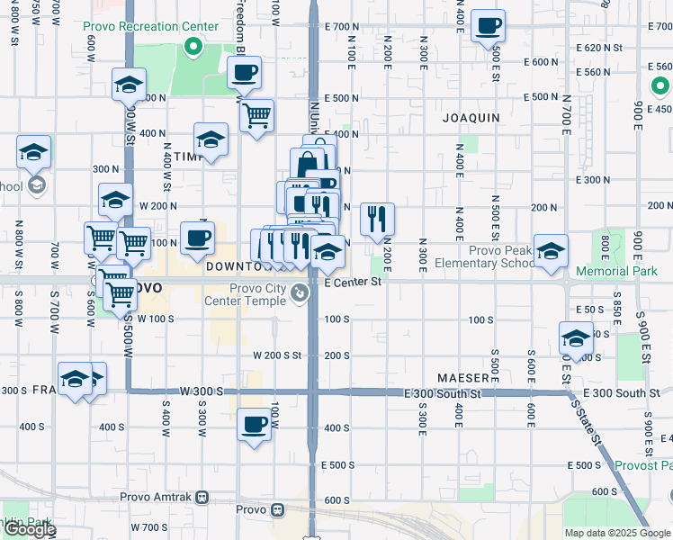 map of restaurants, bars, coffee shops, grocery stores, and more near 63 East Center Street in Provo