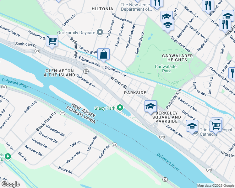 map of restaurants, bars, coffee shops, grocery stores, and more near 30 Newell Avenue in Trenton