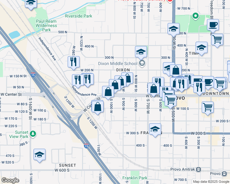 map of restaurants, bars, coffee shops, grocery stores, and more near 972 West Center Street in Provo