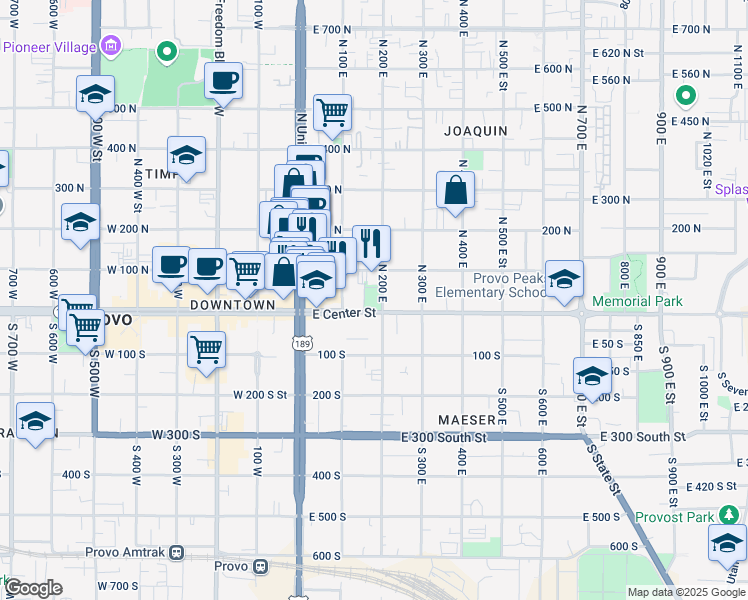 map of restaurants, bars, coffee shops, grocery stores, and more near 185 East Center Street in Provo