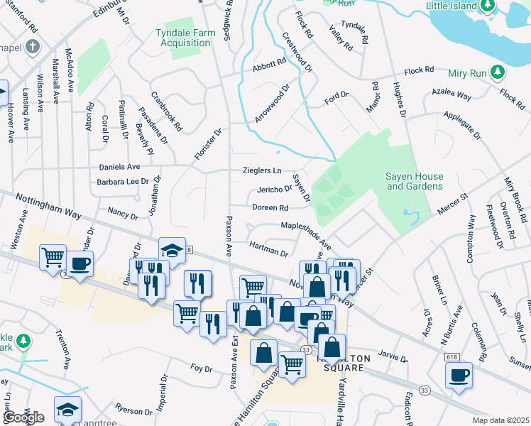 map of restaurants, bars, coffee shops, grocery stores, and more near 12 Doreen Road in Hamilton Township