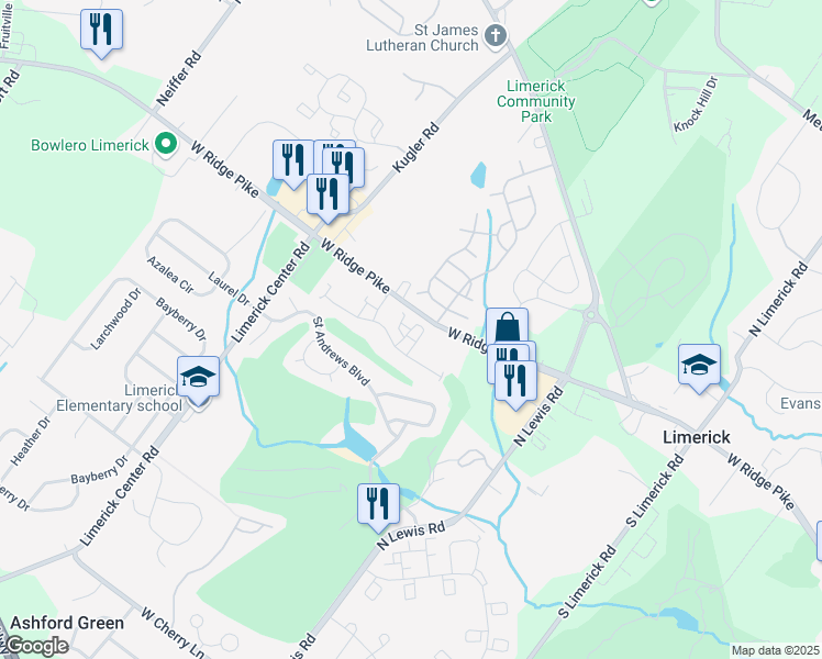 map of restaurants, bars, coffee shops, grocery stores, and more near 1407 Richards Court in Royersford