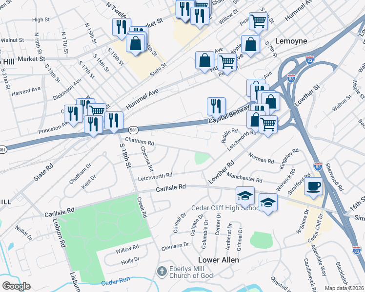 map of restaurants, bars, coffee shops, grocery stores, and more near 1508 Chatham Road in Camp Hill