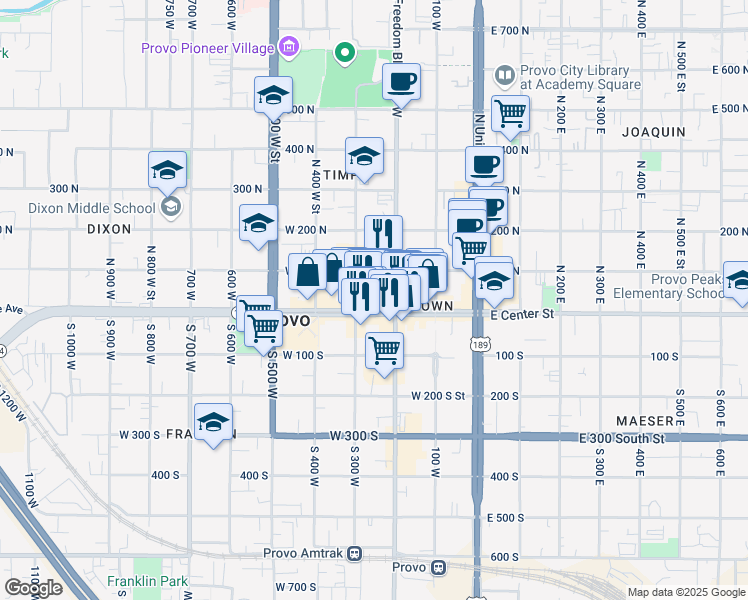 map of restaurants, bars, coffee shops, grocery stores, and more near 250 West Center Street in Provo