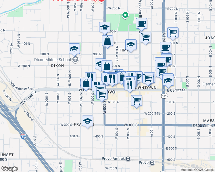 map of restaurants, bars, coffee shops, grocery stores, and more near 24 North 500 West in Provo