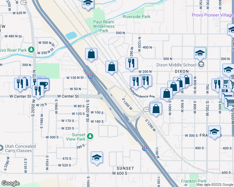 map of restaurants, bars, coffee shops, grocery stores, and more near 1300 Center Street in Provo