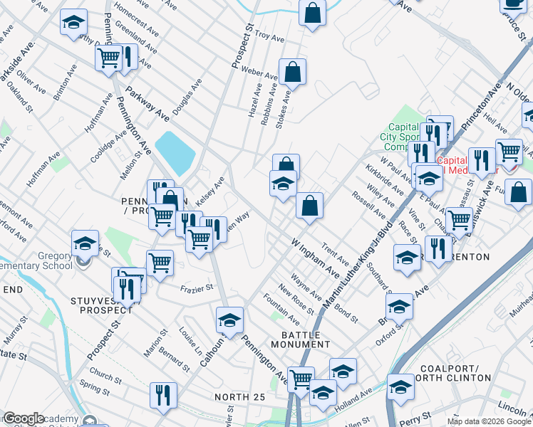 map of restaurants, bars, coffee shops, grocery stores, and more near 550 W Ingham Ave in Ewing Township