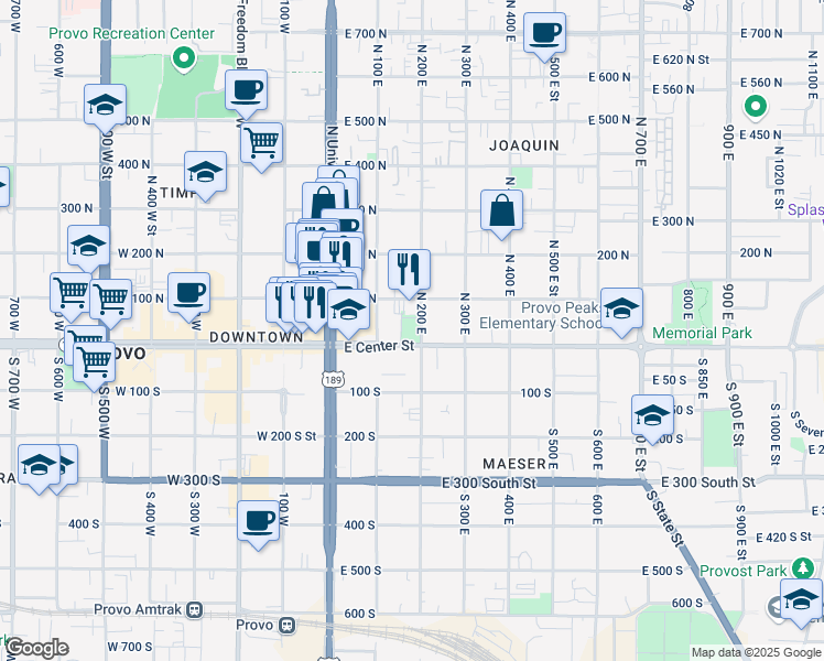 map of restaurants, bars, coffee shops, grocery stores, and more near 185 East Center Street in Provo