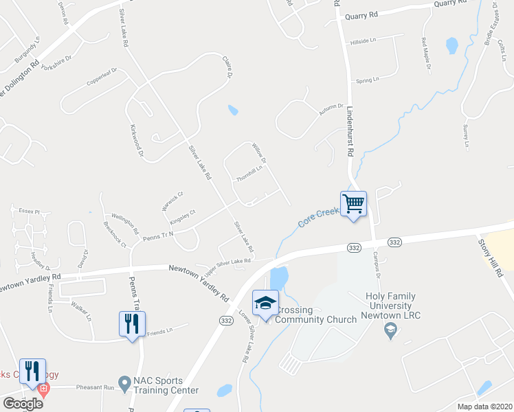 map of restaurants, bars, coffee shops, grocery stores, and more near 130 Willow Drive in Newtown