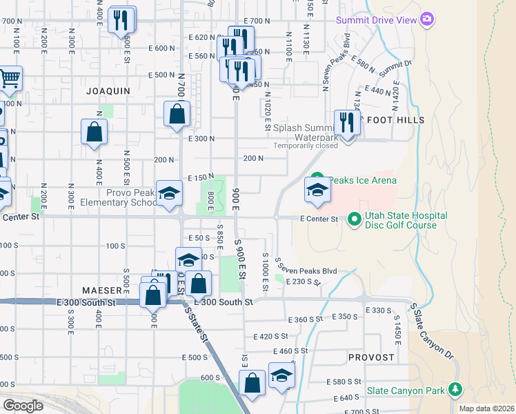 map of restaurants, bars, coffee shops, grocery stores, and more near 995 Center Street in Provo