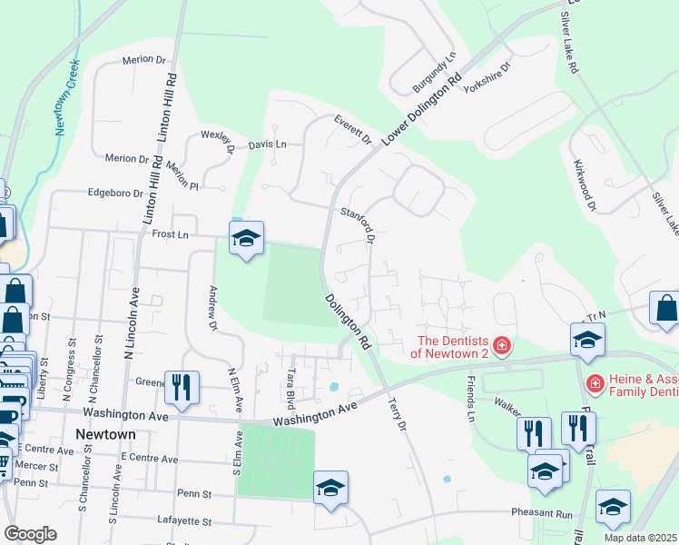 map of restaurants, bars, coffee shops, grocery stores, and more near 408 Trumbull Court in Newtown