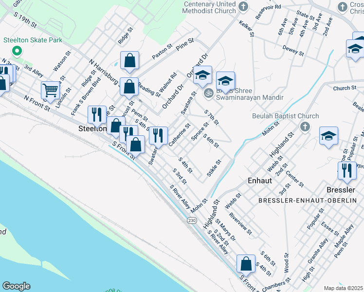 map of restaurants, bars, coffee shops, grocery stores, and more near 333 Spruce Street in Steelton
