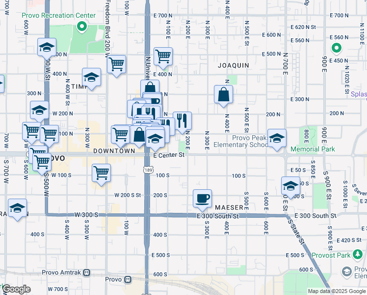 map of restaurants, bars, coffee shops, grocery stores, and more near 65 North 200 East in Provo
