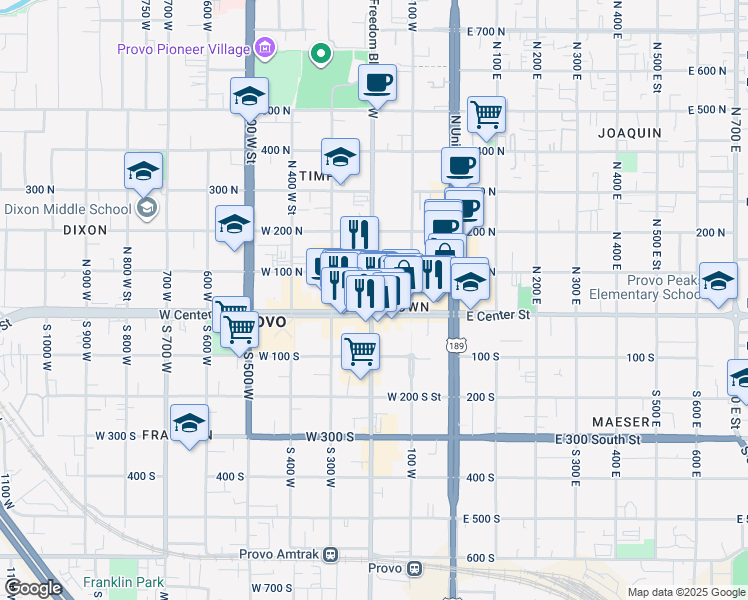 map of restaurants, bars, coffee shops, grocery stores, and more near 104 West Center Street in Provo