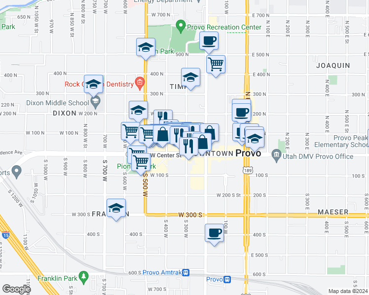 map of restaurants, bars, coffee shops, grocery stores, and more near 330 West Center Street in Provo