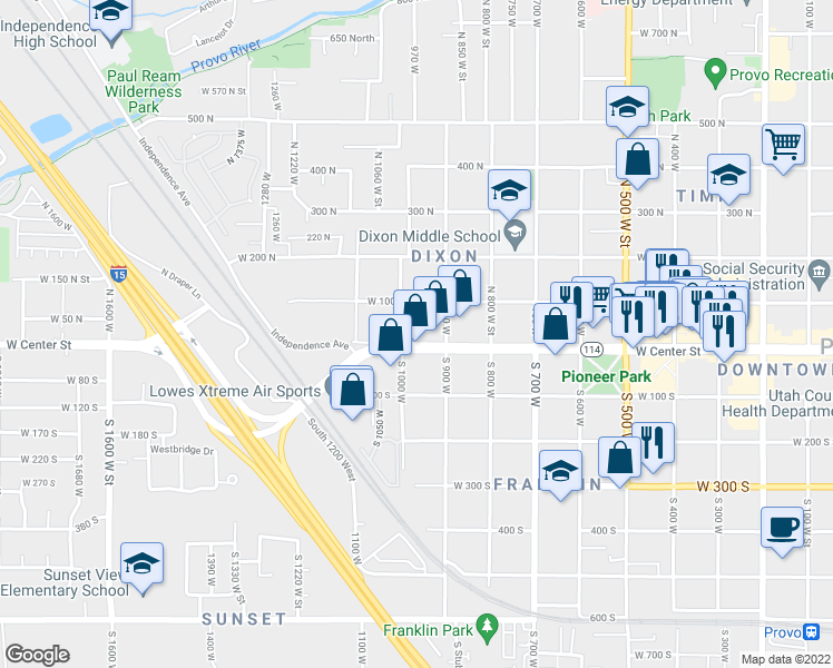 map of restaurants, bars, coffee shops, grocery stores, and more near 929 West 100 South in Provo