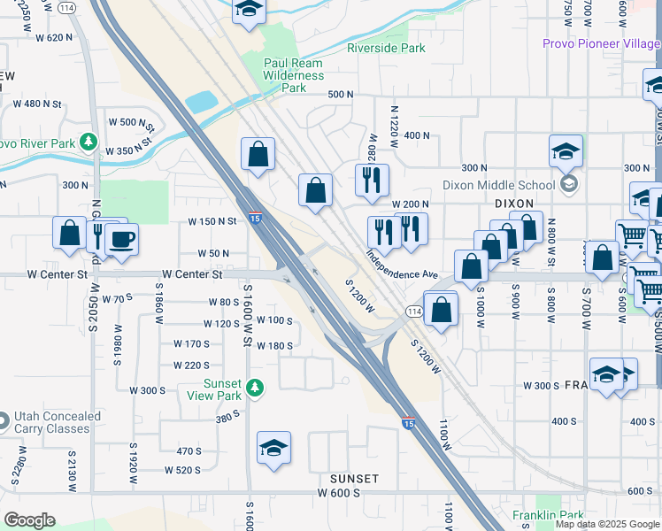 map of restaurants, bars, coffee shops, grocery stores, and more near West Center Street in Provo