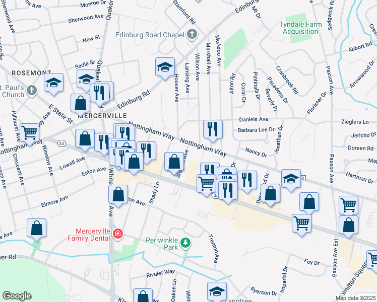 map of restaurants, bars, coffee shops, grocery stores, and more near 2875 Nottingham Way in Trenton